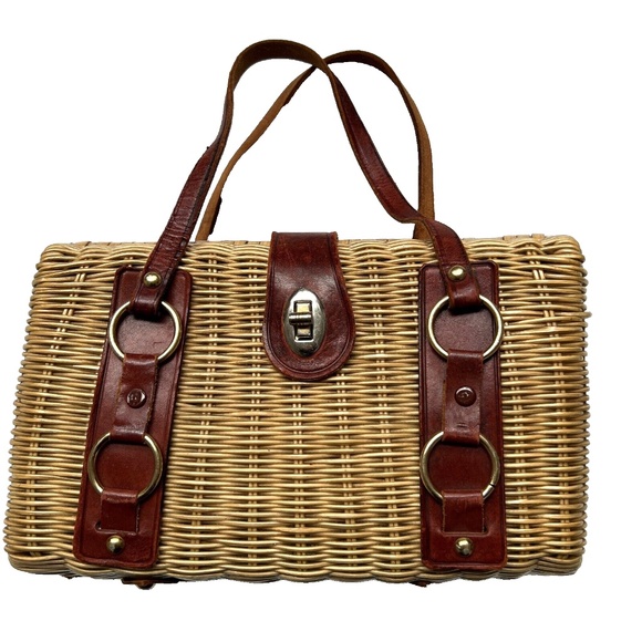 Woven Bag Coated Wicker Leather Straps Handbag Double Handles 11" x  6" x 3" - Picture 1 of 5
